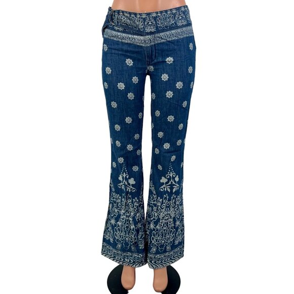 Free People Bohemian Printed Bell Bottom Flare Jeans - Picture 3 of 16
